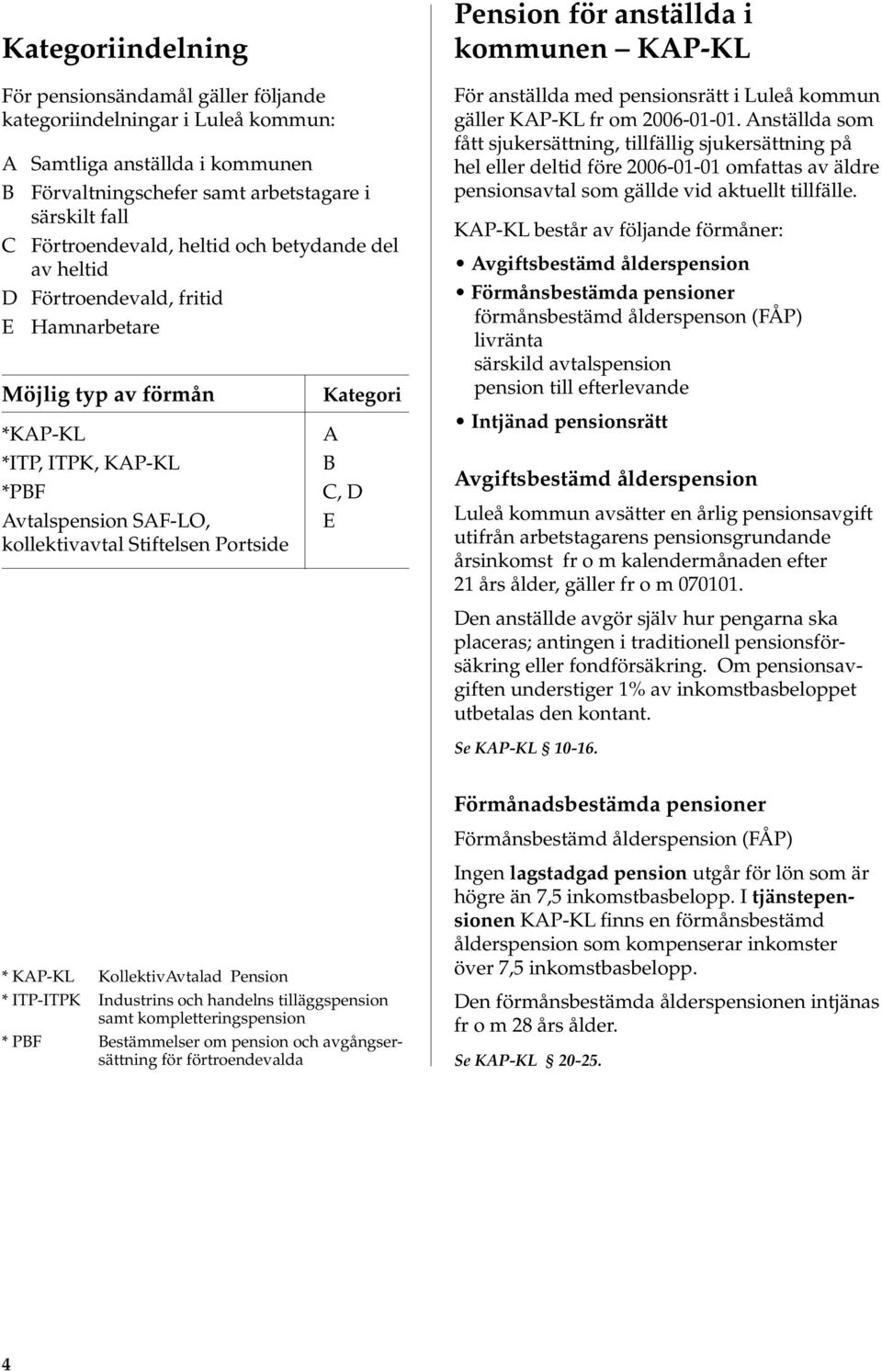 C, D E Pension för anställda i kommunen KAP-KL För anställda med pensionsrätt i Luleå kommun gäller KAP-KL fr om 2006-01-01.