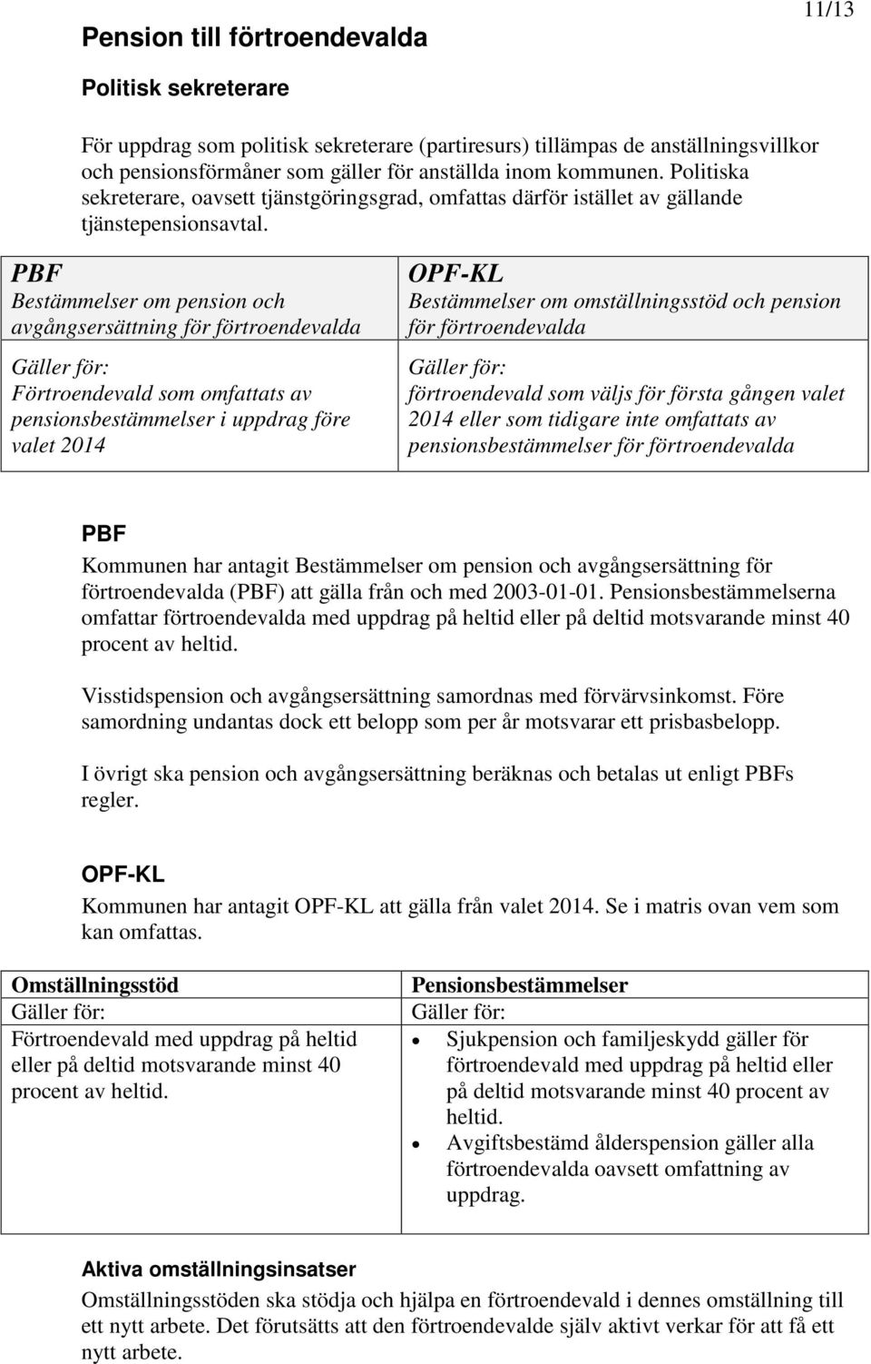 PBF Bestämmelser om pension och avgångsersättning för förtroendevalda Gäller för: Förtroendevald som omfattats av pensionsbestämmelser i uppdrag före valet 2014 OPF-KL Bestämmelser om