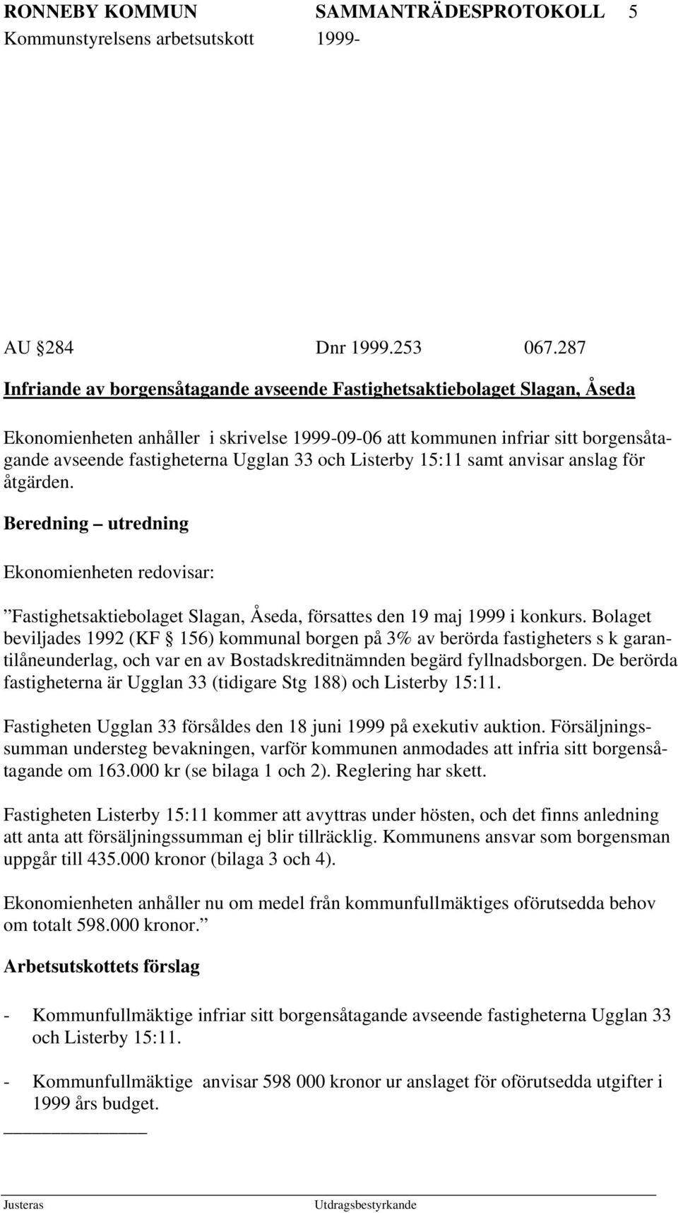 33 och Listerby 15:11 samt anvisar anslag för åtgärden. Beredning utredning Ekonomienheten redovisar: Fastighetsaktiebolaget Slagan, Åseda, försattes den 19 maj 1999 i konkurs.