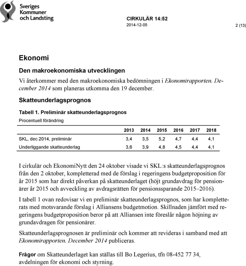 Preliminär skatteunderlagsprognos Procentuell förändring 2013 2014 2015 2016 2017 2018 SKL, dec 2014, preliminär 3,4 3,5 5,2 4,7 4,4 4,1 Underliggande skatteunderlag 3,6 3,9 4,8 4,5 4,4 4,1 I