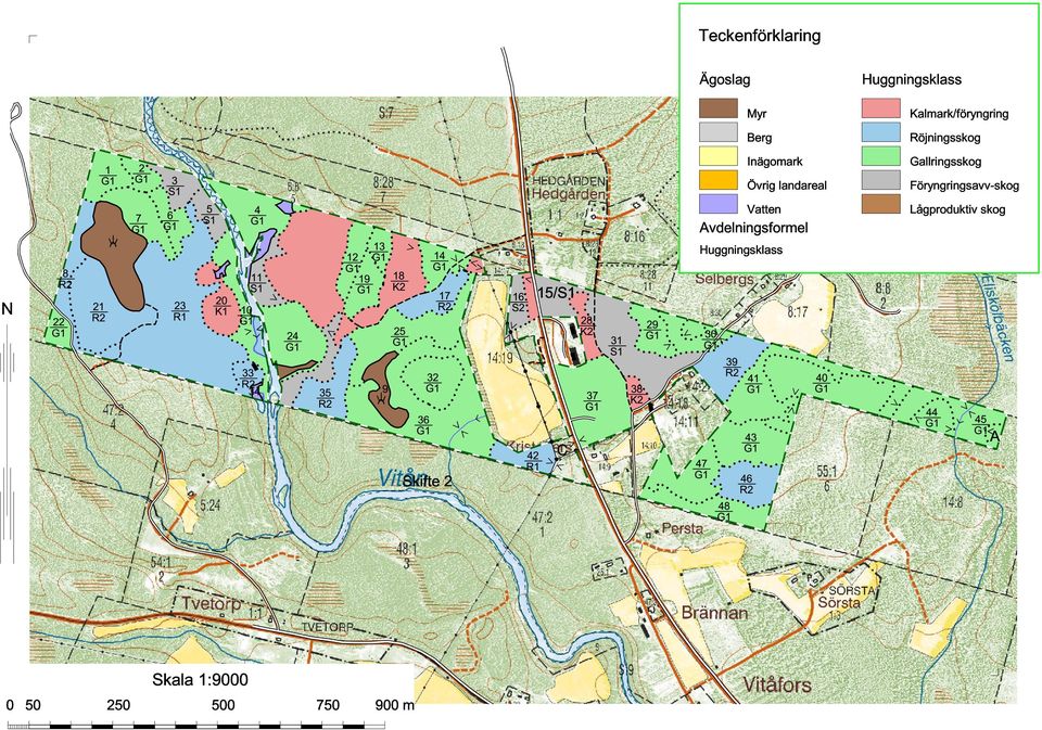 Lågprodukti kog 15/ 20 21 23 18 19 22 N Vatten Huggningkla 14 12 8 Föryngringa-kog