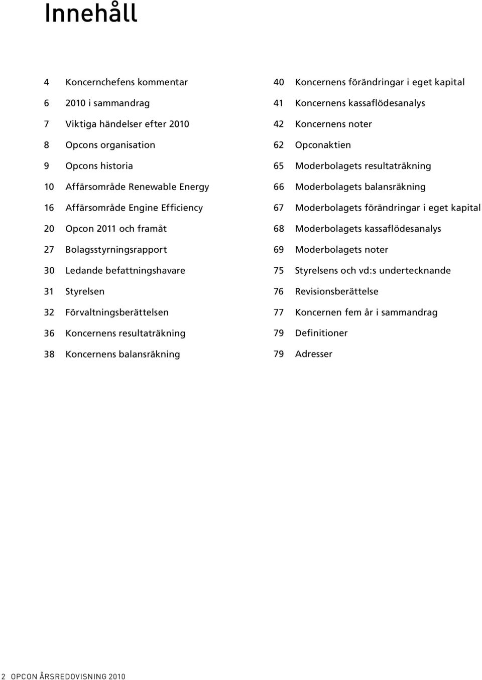 förändringar i eget kapital 41 Koncernens kassaflödesanalys 42 Koncernens noter 62 Opconaktien 65 Moderbolagets resultaträkning 66 Moderbolagets balansräkning 67 Moderbolagets förändringar i eget