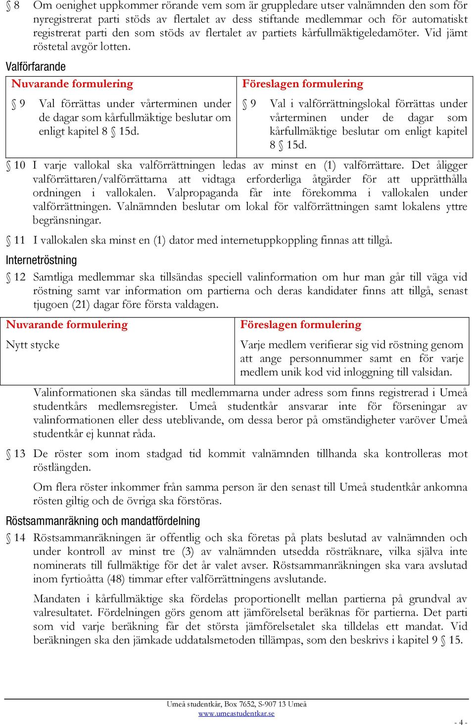 Valförfarande Nuvarande formulering Föreslagen formulering 9 Val förrättas under vårterminen under de dagar som kårfullmäktige beslutar om enligt kapitel 8 15d.