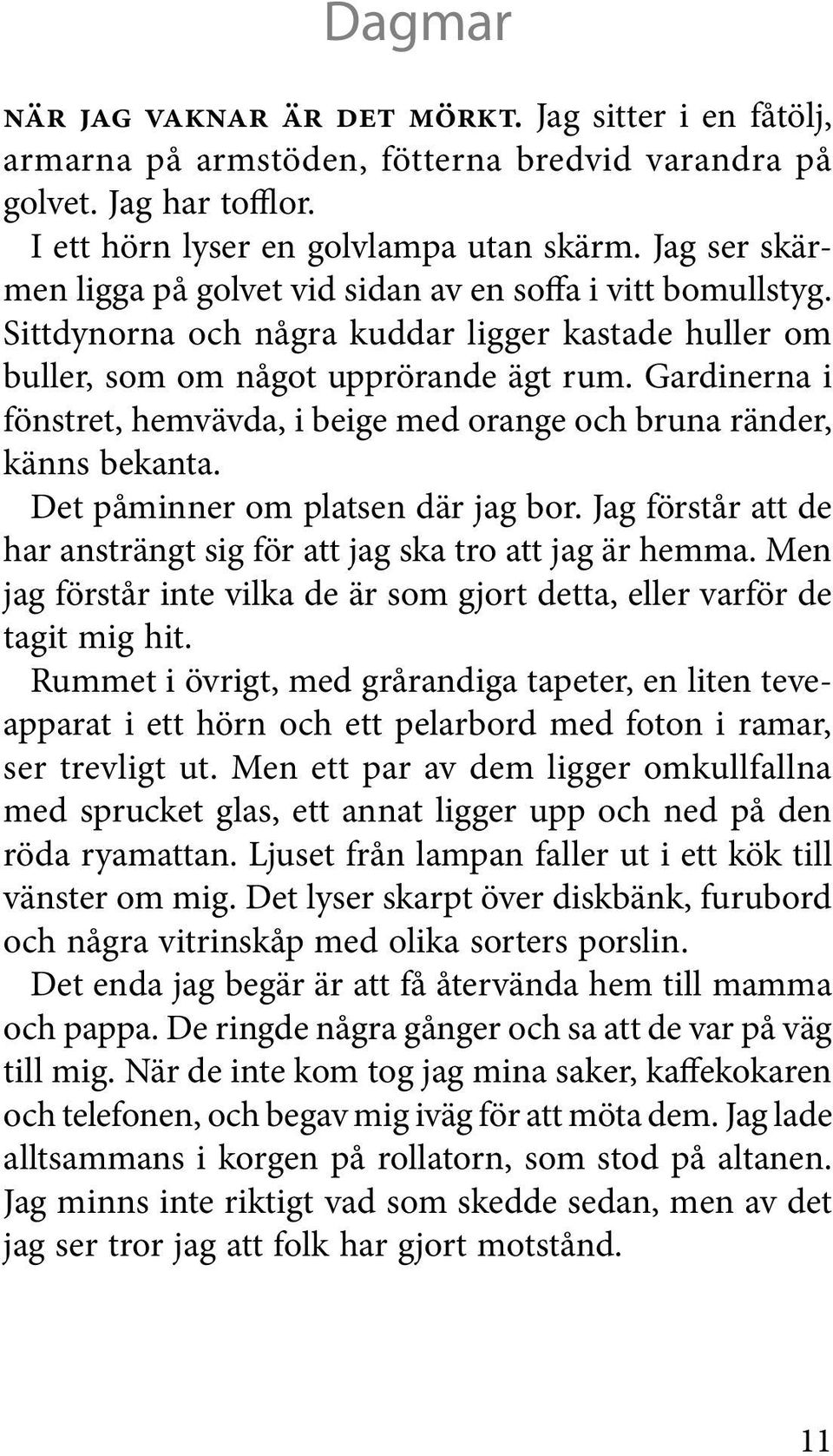 Gardinerna i fönstret, hemvävda, i beige med orange och bruna ränder, känns bekanta. Det påminner om platsen där jag bor. Jag förstår att de har ansträngt sig för att jag ska tro att jag är hemma.