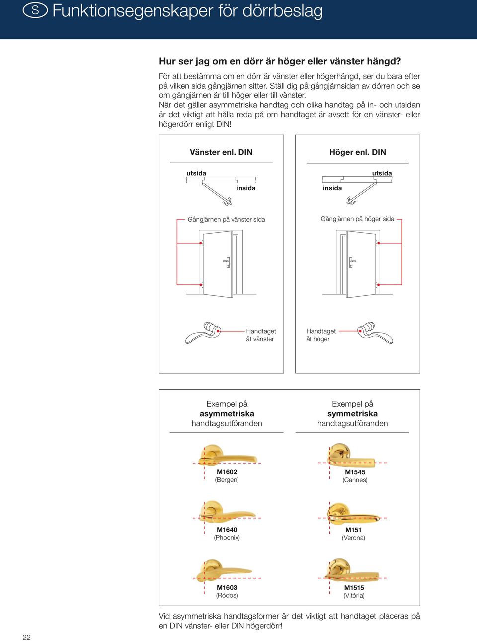 När det gäller asymmetriska handtag och olika handtag på in- och utsidan är det viktigt att hålla reda på om handtaget är avsett för en vänster- eller högerdörr enligt DIN! Vänster enl. DIN Höger enl.