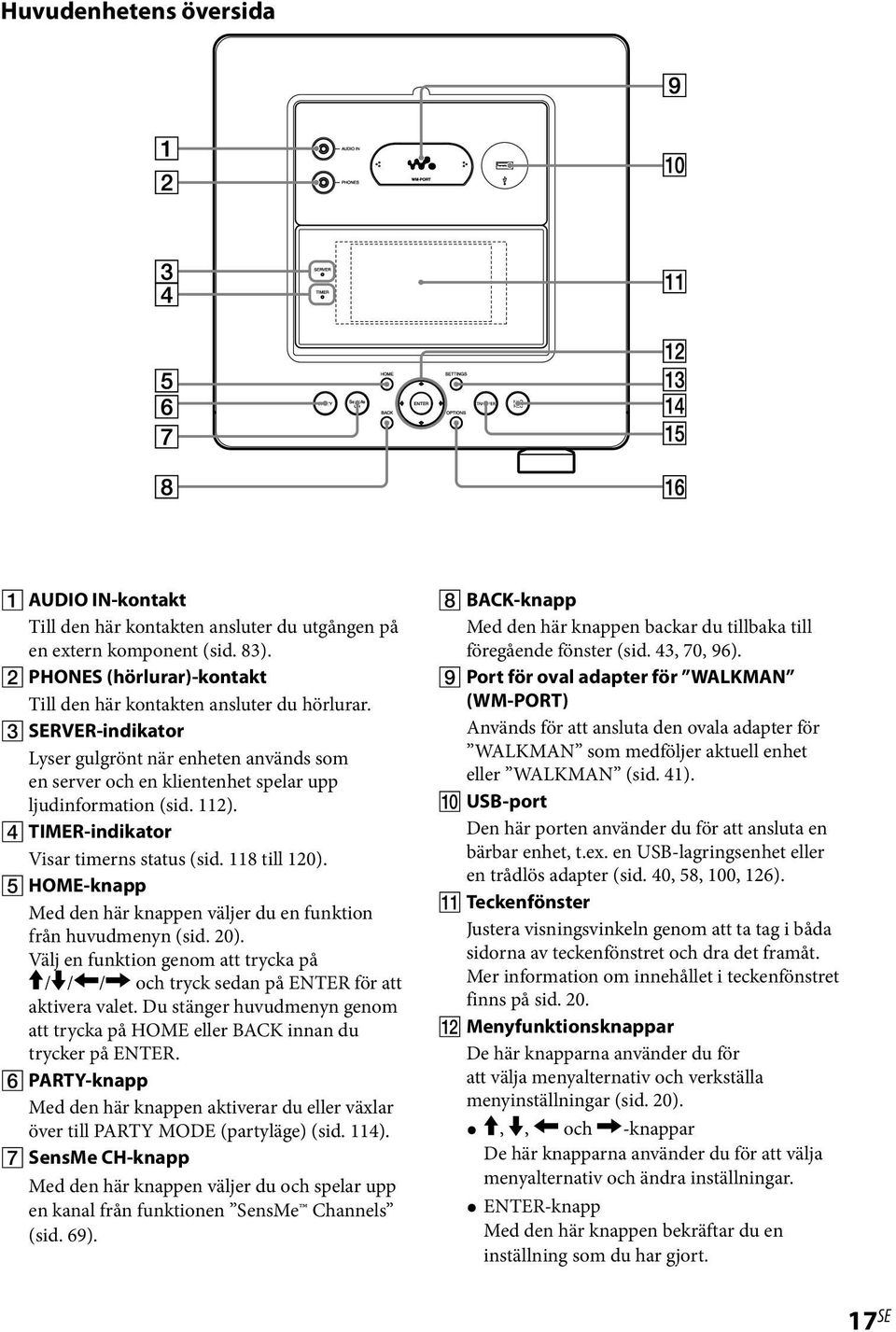 HOME-knapp Med den här knappen väljer du en funktion från huvudmenyn (sid. 20). Välj en funktion genom att trycka på / / / och tryck sedan på ENTER för att aktivera valet.