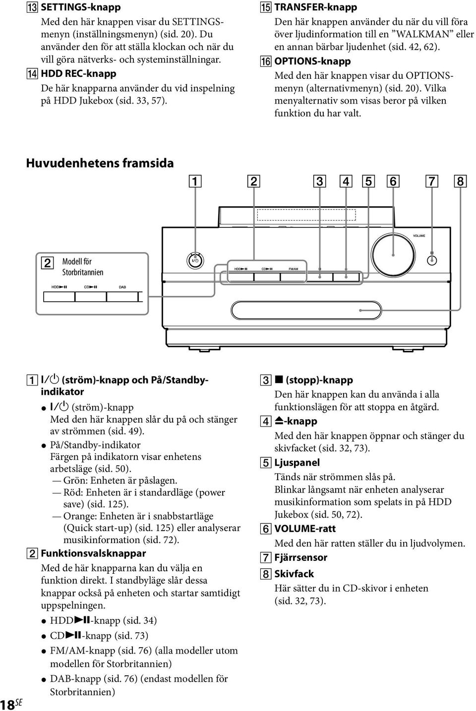 TRANSFER-knapp Den här knappen använder du när du vill föra över ljudinformation till en WALKMAN eller en annan bärbar ljudenhet (sid. 42, 62).