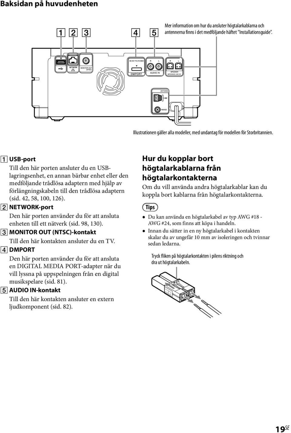 USB-port Till den här porten ansluter du en USBlagringsenhet, en annan bärbar enhet eller den medföljande trådlösa adaptern med hjälp av förlängningskabeln till den trådlösa adaptern (sid.