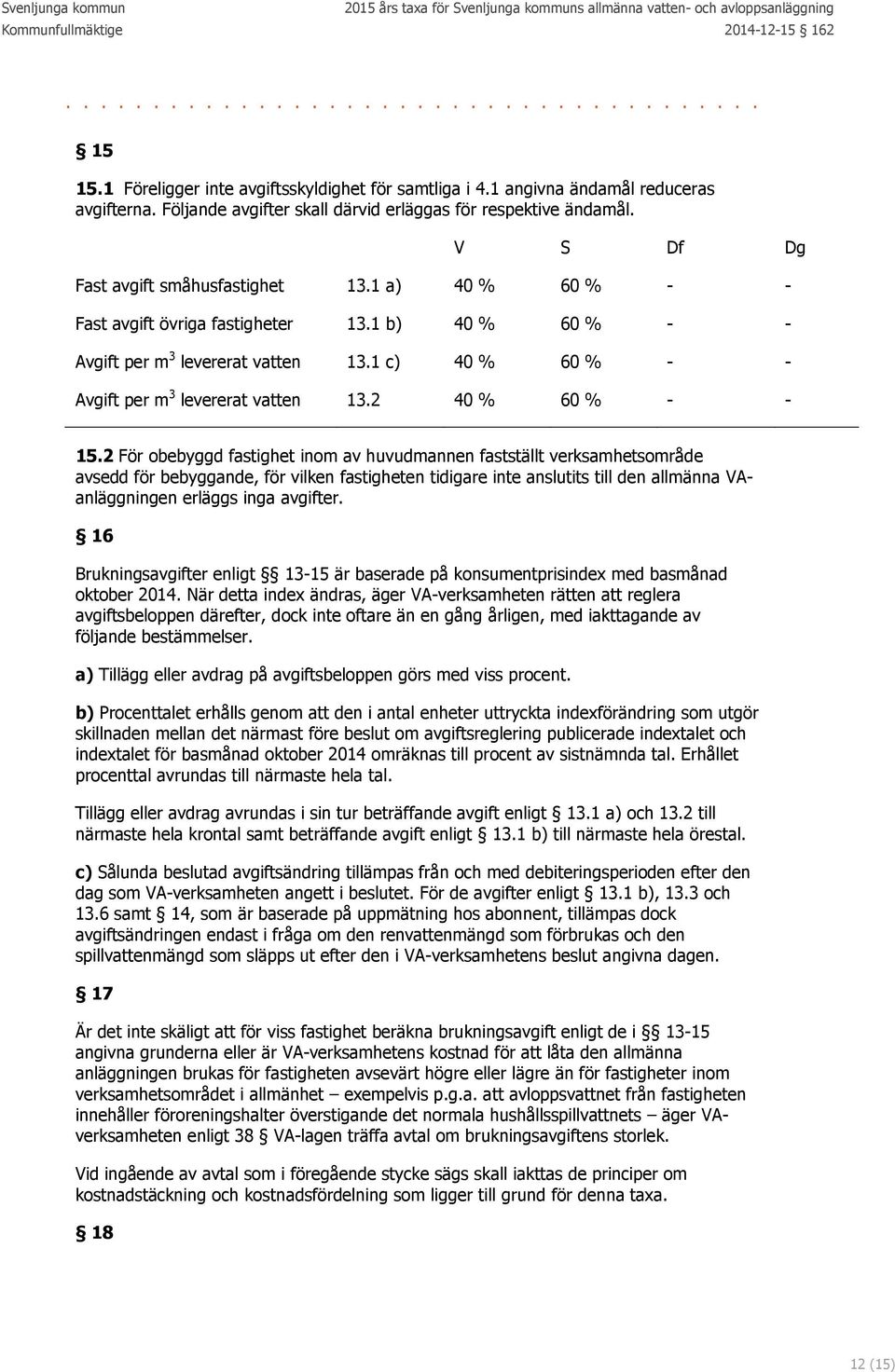 1 c) 40 % 60 % - - Avgift per m 3 levererat vatten 13.2 40 % 60 % - - 15.