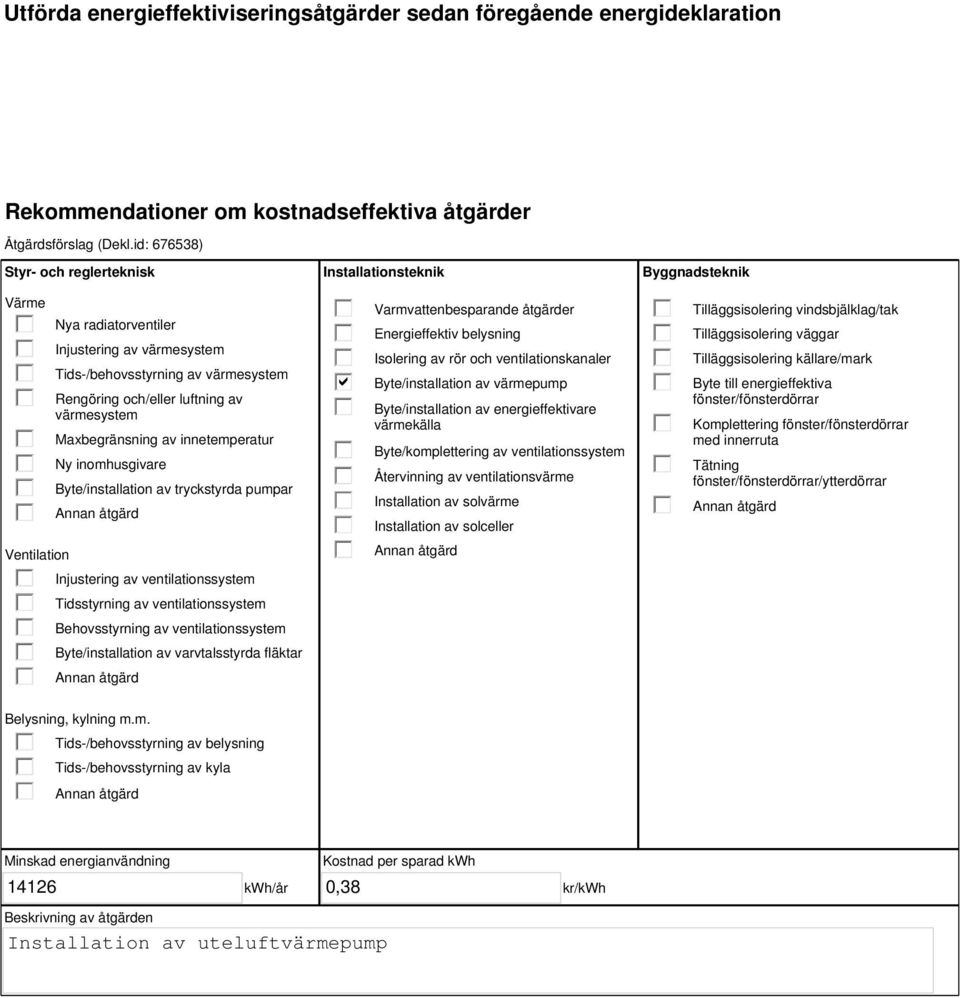 innetemperatur Ny inomhusgivare Byte/installation av tryckstyrda pumpar Annan åtgärd Injustering av ventilationssystem Tidsstyrning av ventilationssystem Behovsstyrning av ventilationssystem