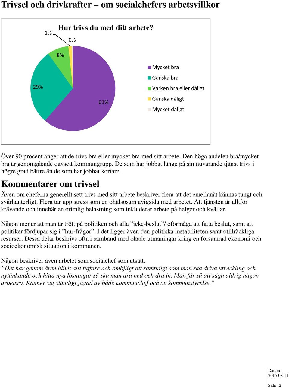 Den höga andelen bra/mycket bra är genomgående oavsett kommungrupp. De som har jobbat länge på sin nuvarande tjänst trivs i högre grad bättre än de som har jobbat kortare.