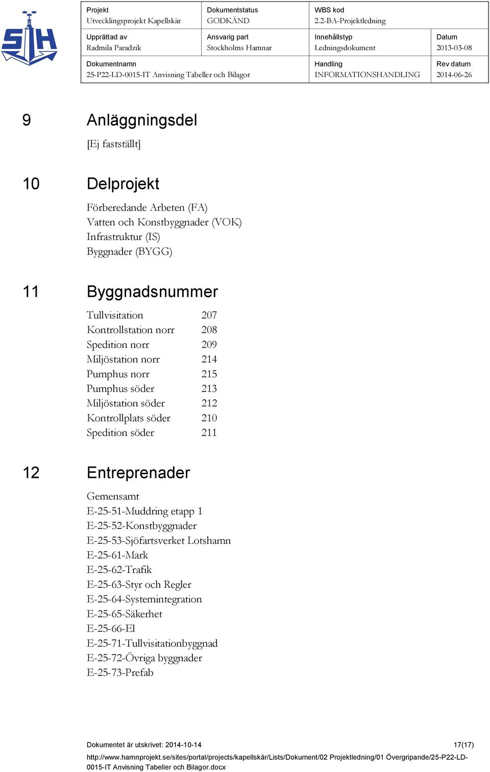 Spedition söder 211 12 Entreprenader Gemensamt E-25-51-Muddring etapp 1 E-25-52-Konstbyggnader E-25-53-Sjöfartsverket Lotshamn E-25-61-Mark E-25-62-Trafik E-25-63-Styr