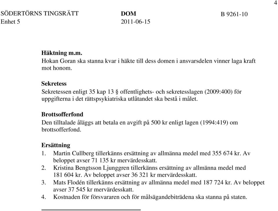 Brottsofferfond Den tilltalade åläggs att betala en avgift på 500 kr enligt lagen (1994:419) om brottsofferfond. Ersättning 1. Martin Cullberg tillerkänns ersättning av allmänna medel med 355 674 kr.