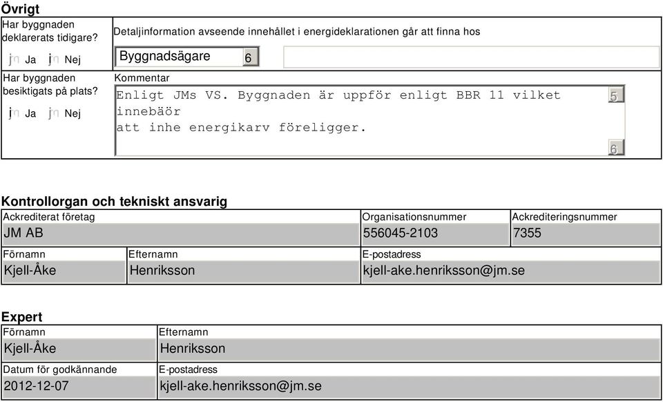 Byggnaden är uppför enligt BBR 11 vilket innebäör att inhe energikarv föreligger.