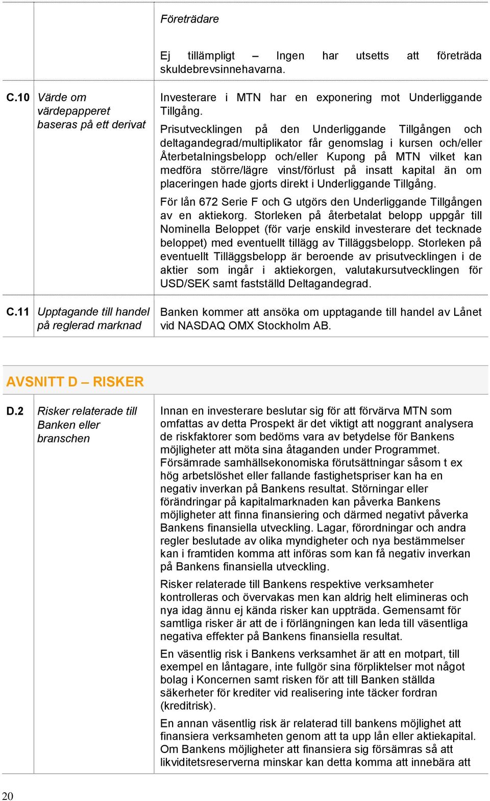 Prisutvecklingen på den Underliggande Tillgången och deltagandegrad/multiplikator får genomslag i kursen och/eller Återbetalningsbelopp och/eller Kupong på MTN vilket kan medföra större/lägre