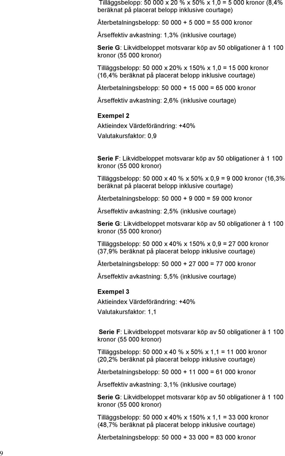 belopp inklusive courtage) Återbetalningsbelopp: 50 000 + 15 000 = 65 000 kronor Årseffektiv avkastning: 2,6% (inklusive courtage) Exempel 2 Aktieindex Värdeförändring: +40% Valutakursfaktor: 0,9