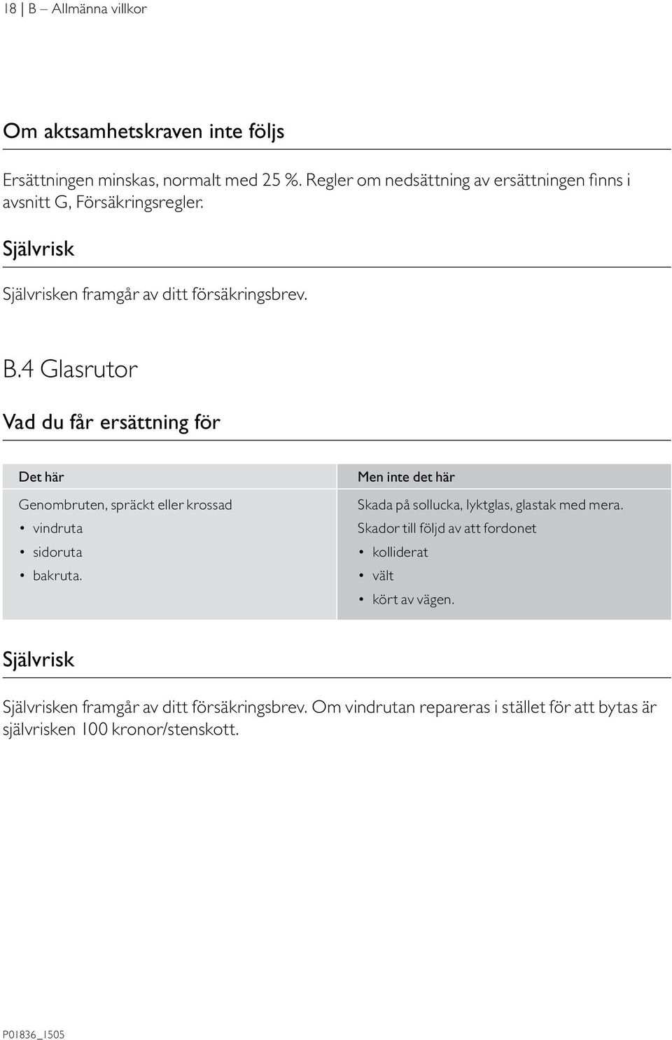 4 Glasrutor Vad du får ersättning för Det här Genombruten, spräckt eller krossad vindruta sidoruta bakruta.