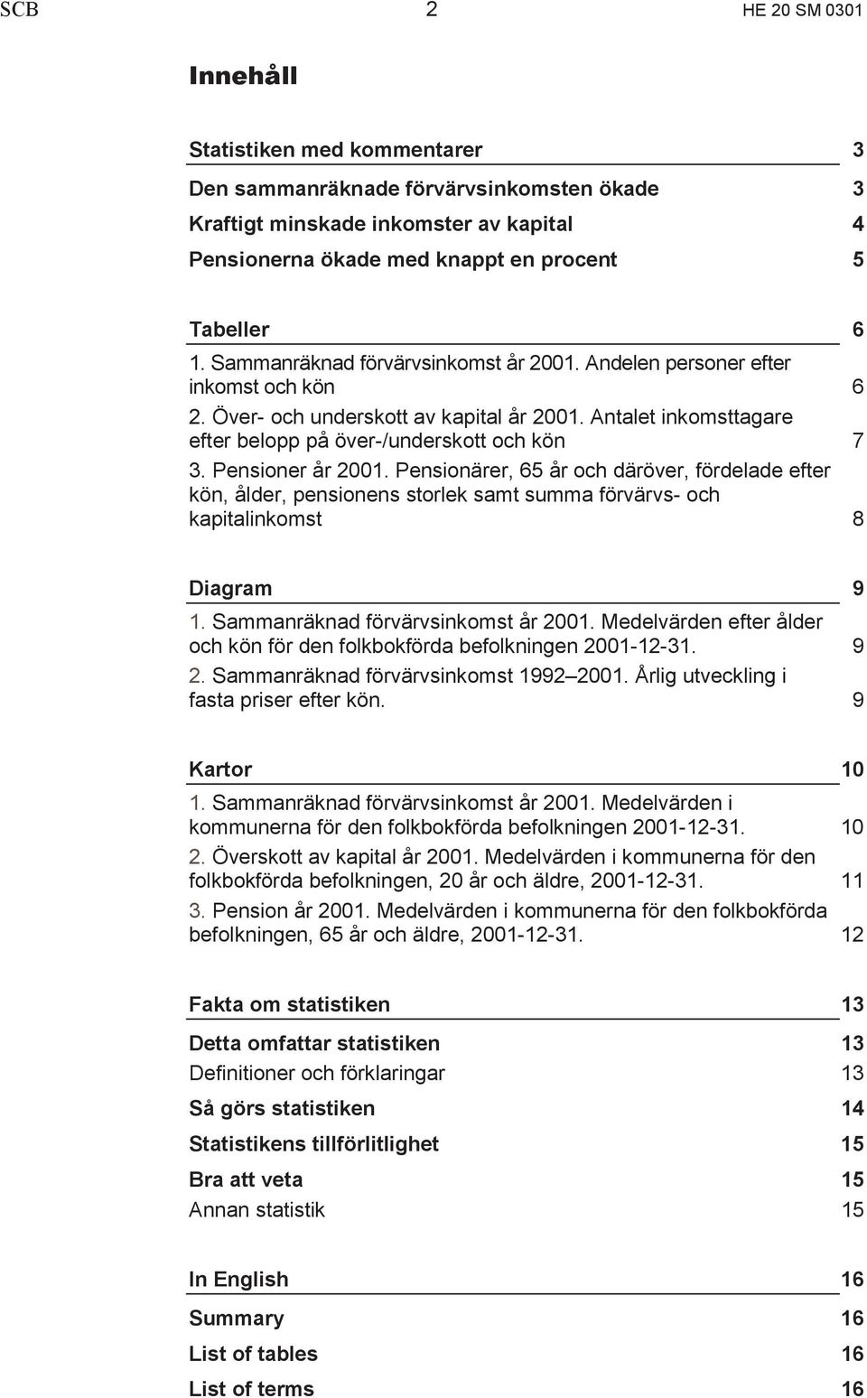 Pensioner år 2001. Pensionärer, 65 år och däröver, fördelade efter kön, ålder, pensionens storlek samt summa förvärvs- och kapitalinkomst 8 Diagram 9 1. Sammanräknad förvärvsinkomst år 2001.