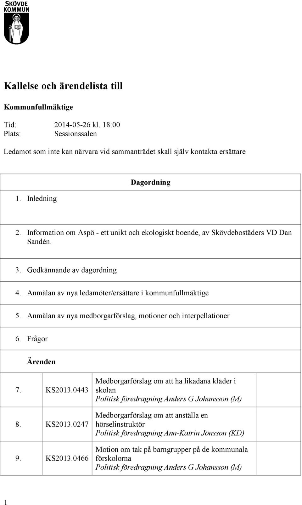 Anmälan av nya medborgarförslag, motioner och interpellationer 6. Frågor Ärenden 7. KS2013.