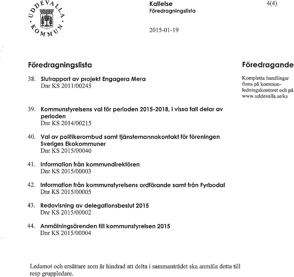 Kommunstyrelsens val för perioden 2015-2018, i vissa fall delar av perioden Dnr KS 2014/00215 40.