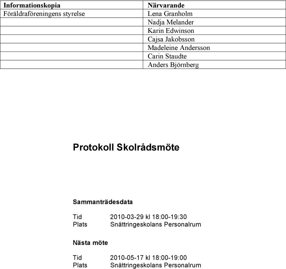 Protokoll Skolrådsmöte Sammanträdesdata Tid 2010-03-29 kl 18:00-19:30 Plats