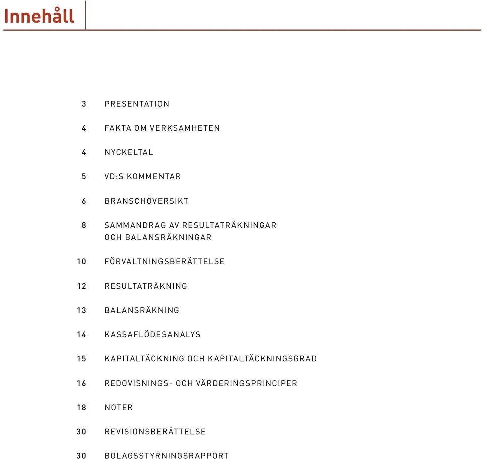 förvaltningsberättelse 12 resultaträkning 13 balansräkning 14 kassaflödesanalys 15