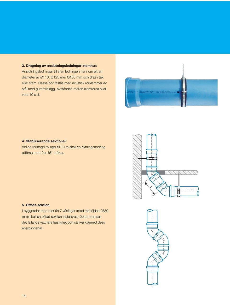 Stabiliserande sektioner Vid en rörlängd av upp till 10 m skall en riktningsändring utföras med 2 x 45 krökar. L 5.