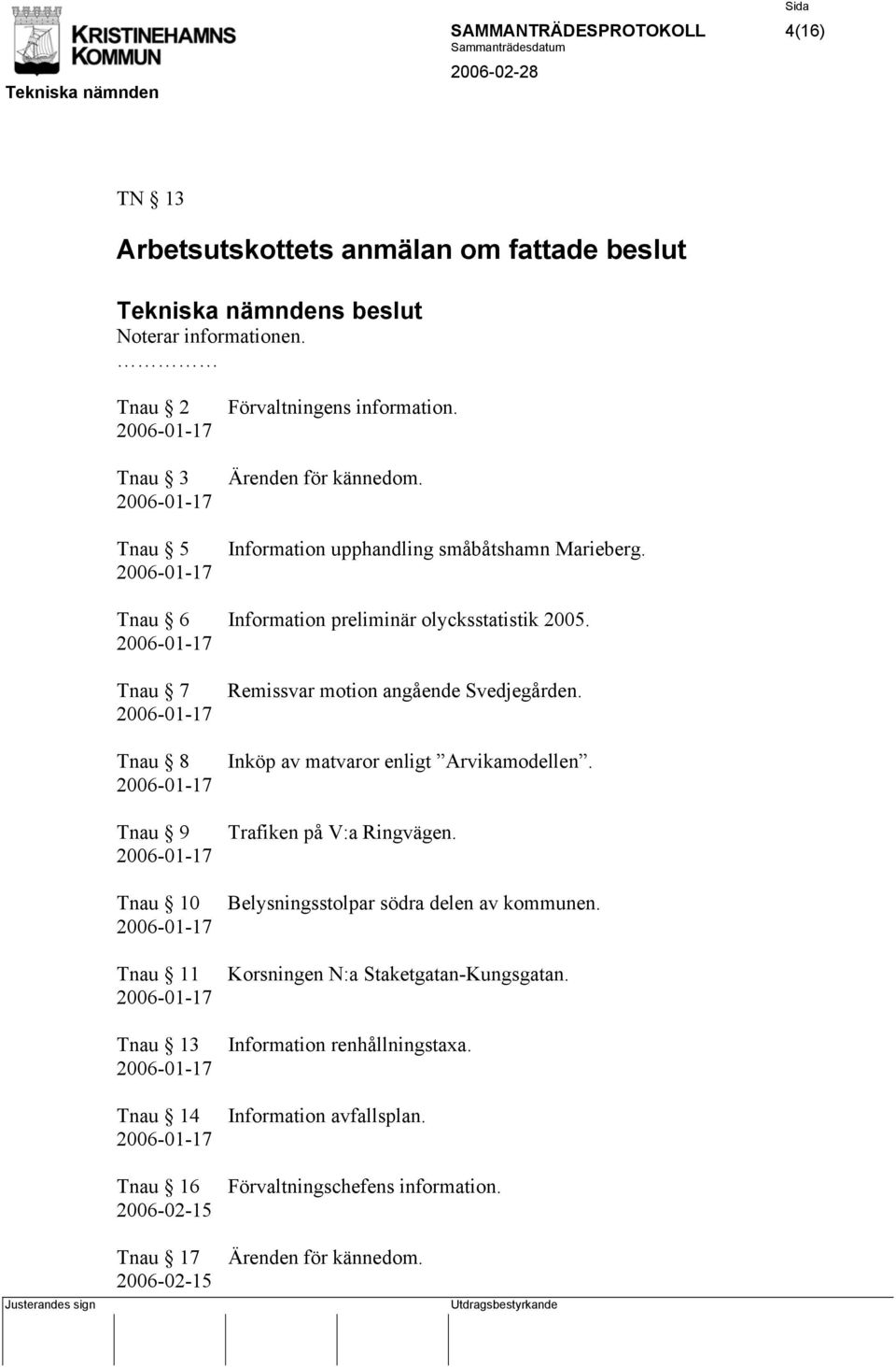 Tnau 7 Tnau 8 Tnau 9 Tnau 10 Tnau 11 Tnau 13 Tnau 14 Tnau 16 2006-02-15 Remissvar motion angående Svedjegården. Inköp av matvaror enligt Arvikamodellen.