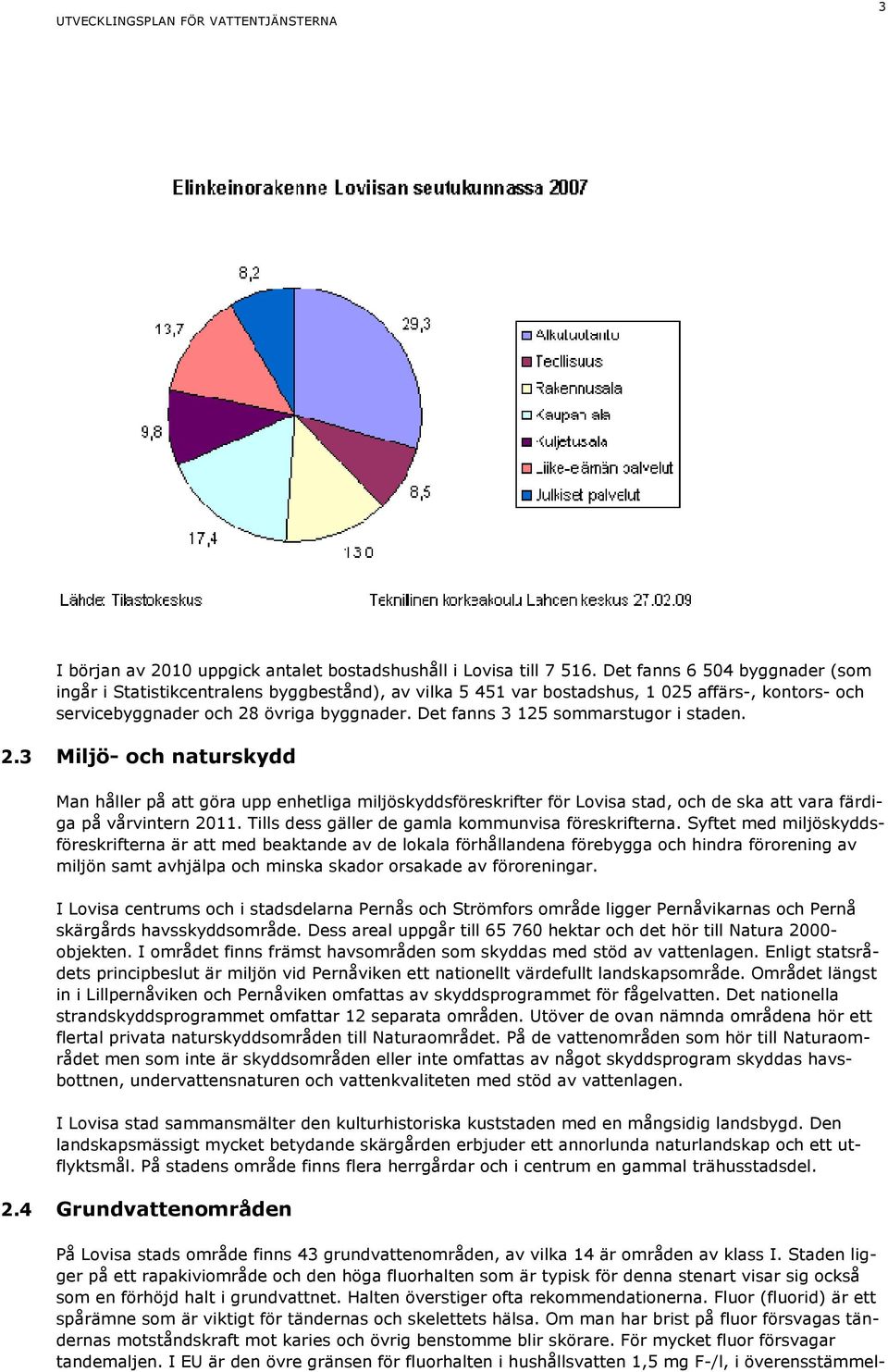 Det fanns 3 125 sommarstugor i staden. 2.3 Miljö- och naturskydd Man håller på att göra upp enhetliga miljöskyddsföreskrifter för Lovisa stad, och de ska att vara färdiga på vårvintern 2011.