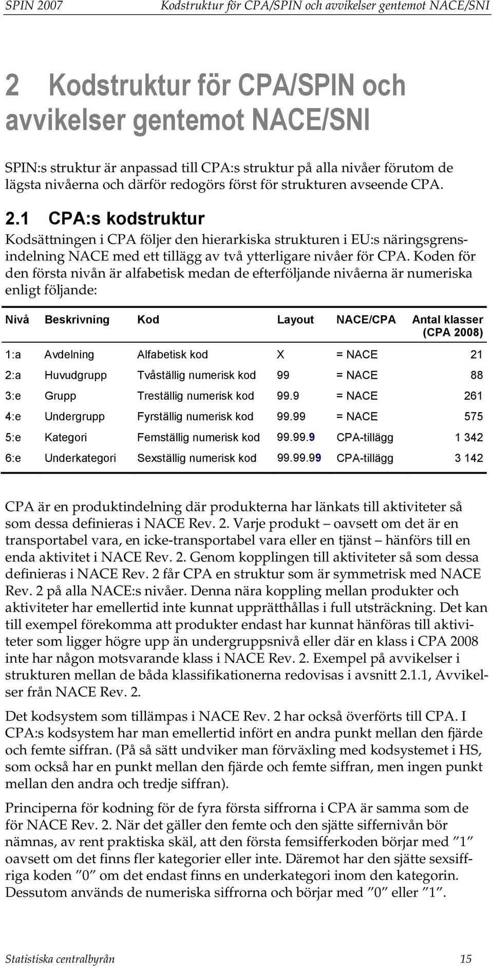 1 CPA:s kodstruktur Kodsättningen i CPA följer den hierarkiska strukturen i EU:s näringsgrensindelning NACE med ett tillägg av två ytterligare nivåer för CPA.