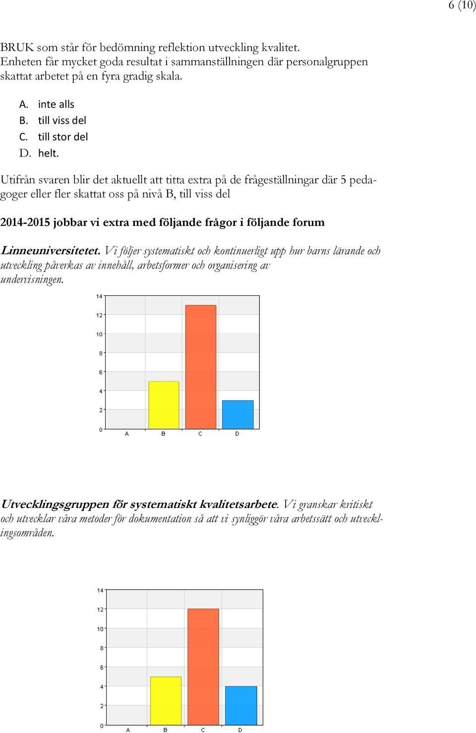 Utifrån svaren blir det aktuellt att titta extra på de frågeställningar där 5 pedagoger eller fler skattat oss på nivå B, till viss del 2014-2015 jobbar vi extra med följande frågor i följande