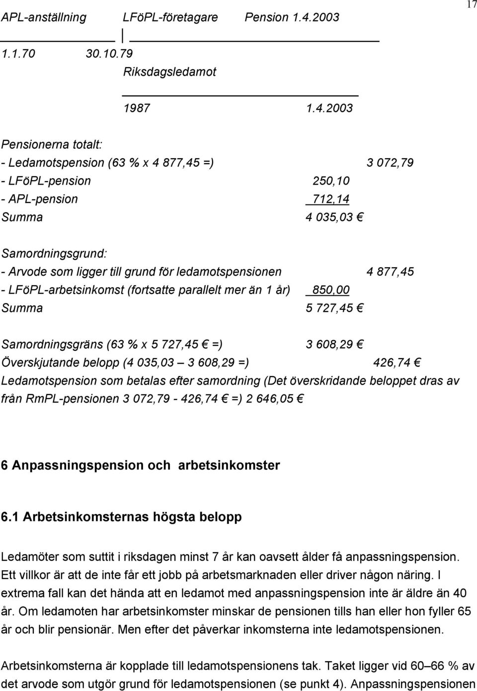 2003 17 Pensionerna totalt: - Ledamotspension (63 % x 4 877,45 =) 3 072,79 - LFöPL-pension 250,10 - APL-pension 712,14 Summa 4 035,03 Samordningsgrund: - Arvode som ligger till grund för