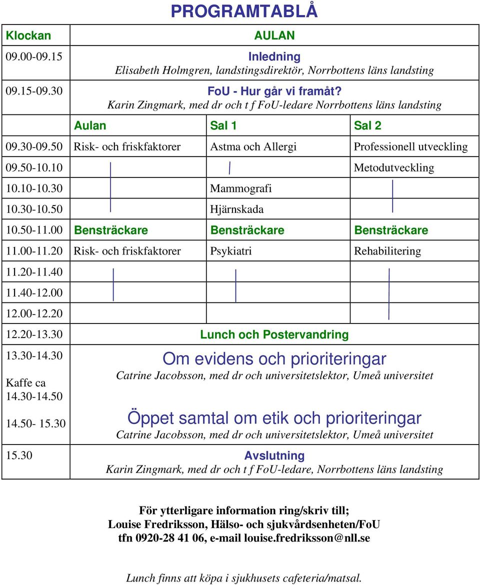 10-10.30 Mammografi 10.30-10.50 Hjärnskada 10.50-11.00 Bensträckare Bensträckare Bensträckare 11.00-11.20 Risk- och friskfaktorer Psykiatri Rehabilitering 11.20-11.40 11.40-12.00 12.00-12.20 12.20-13.