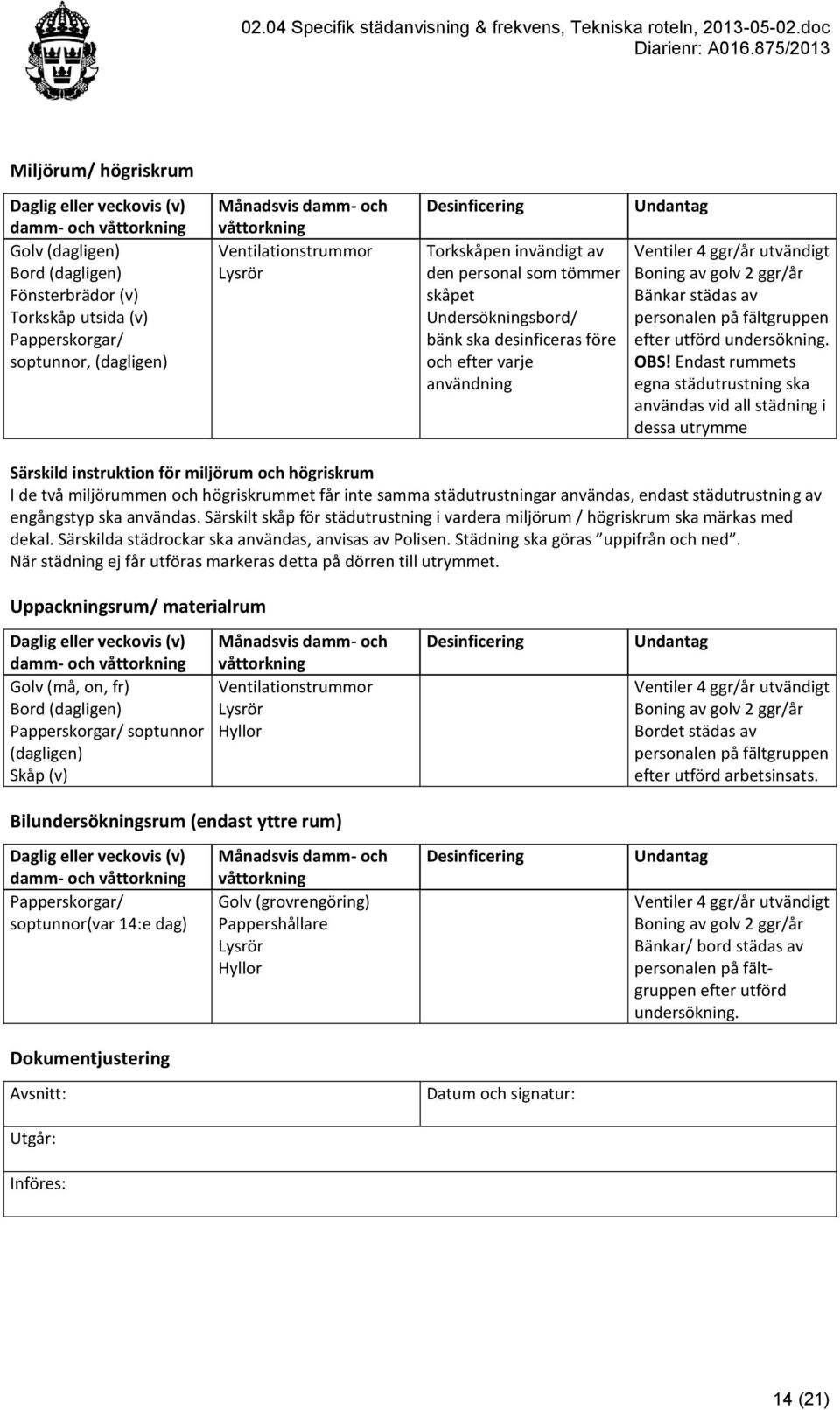 Endast rummets egna städutrustning ska användas vid all städning i dessa utrymme Särskild instruktion för miljörum och högriskrum I de två miljörummen och högriskrummet får inte samma