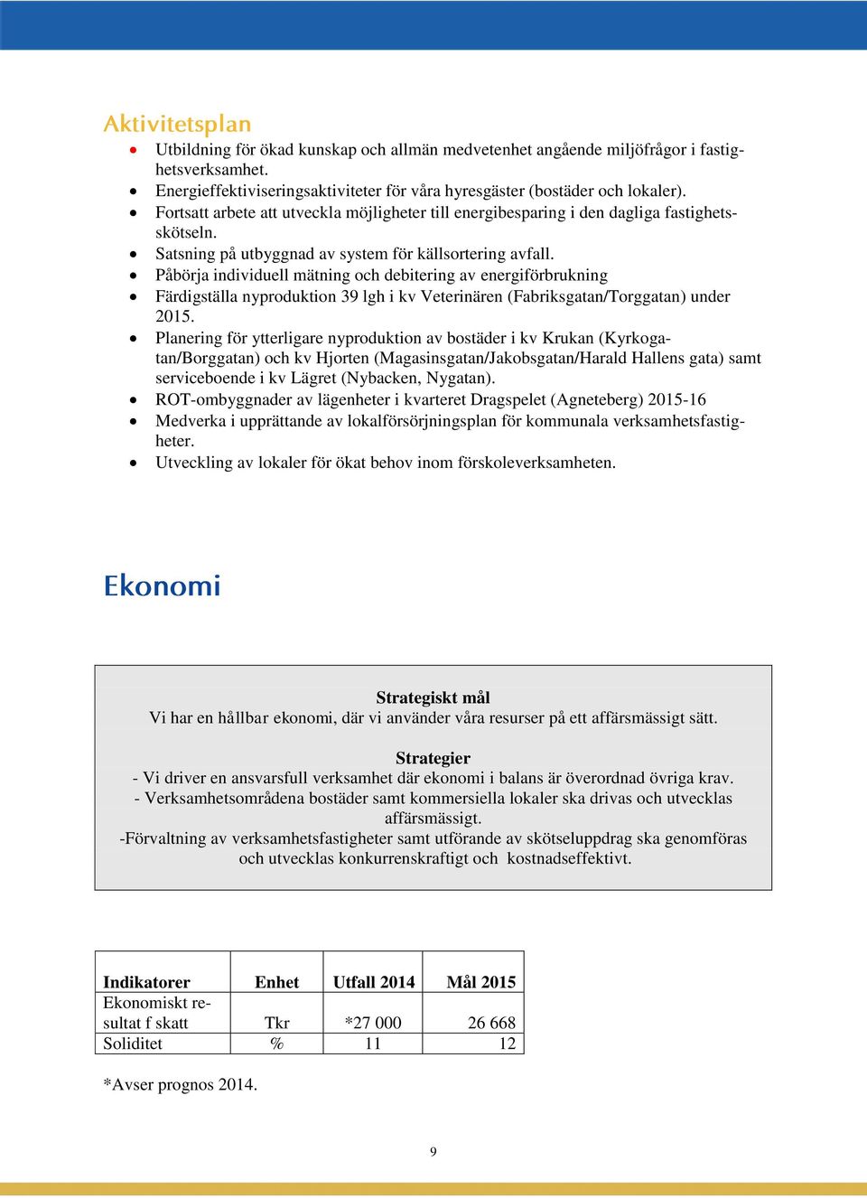 Påbörja individuell mätning och debitering av energiförbrukning Färdigställa nyproduktion 39 lgh i kv Veterinären (Fabriksgatan/Torggatan) under 2015.