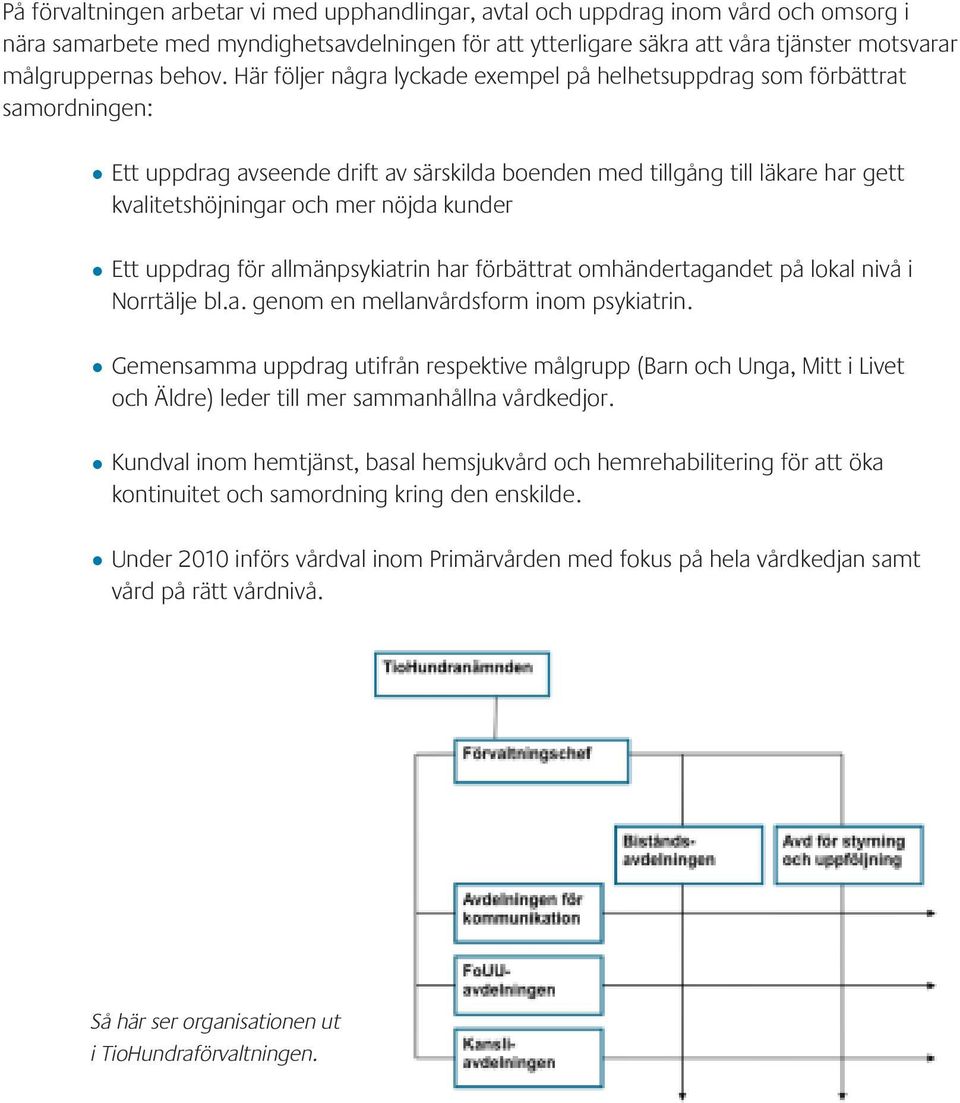 Här följer några lyckade exempel på helhetsuppdrag som förbättrat samordningen: Ett uppdrag avseende drift av särskilda boenden med tillgång till läkare har gett kvalitetshöjningar och mer nöjda