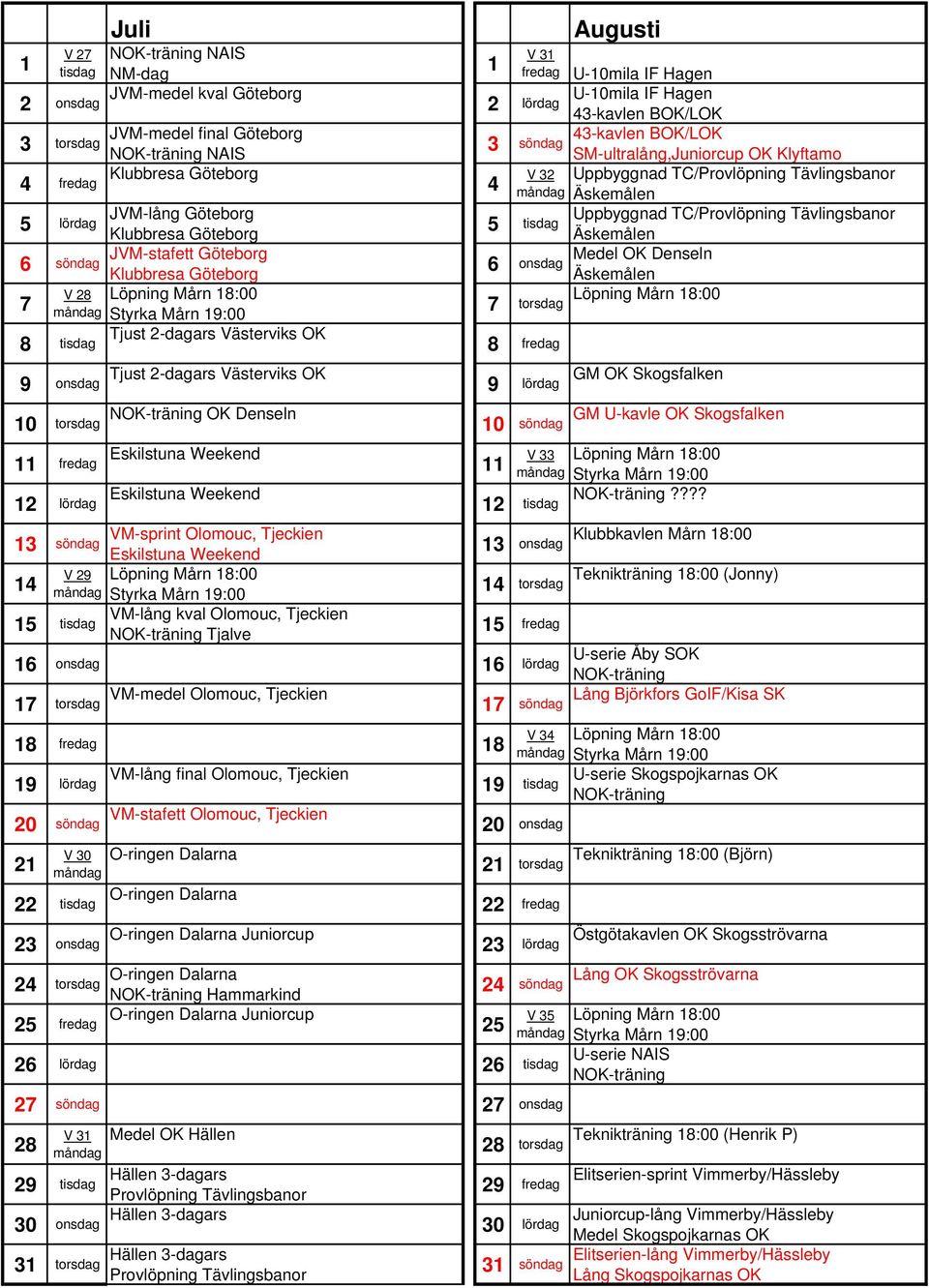 Denseln 0 söndag fredag Eskilstuna Weekend Augusti V 3 fredag U-0mila IF Hagen U-0mila IF Hagen 43-kavlen BOK/LOK 43-kavlen BOK/LOK 3 söndag SM-ultralång,Juniorcup OK Klyftamo V 32 Uppbyggnad