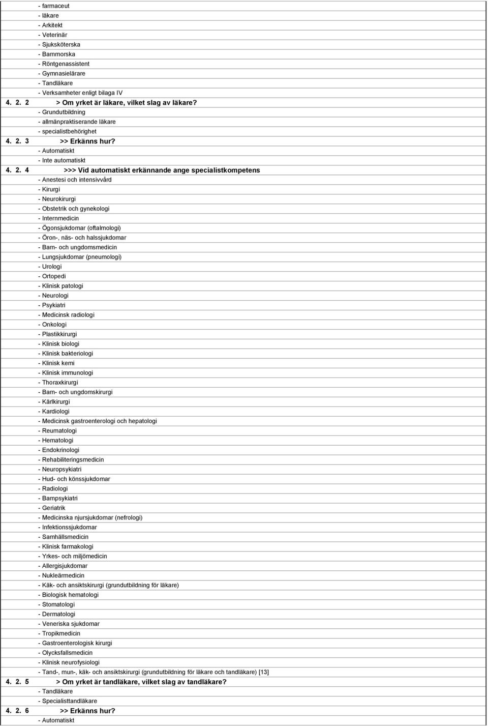 - Onkologi - Plastikkirurgi - Klinisk biologi - Klinisk bakteriologi - Klinisk kemi - Klinisk immunologi - Thoraxkirurgi - Barn- och ungdomskirurgi - Kärlkirurgi - Kardiologi - Medicinsk