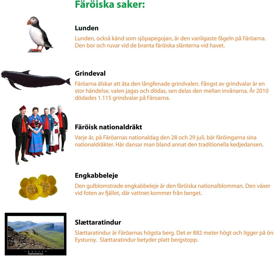 115 grindvalar på Färoarna. Färöisk nationaldräkt Varje år, på Färöarnas nationaldag den 28 och 29 juli, bär färöingarna sina nationaldräkter. Här dansar man bland annat den traditionella kedjedansen.