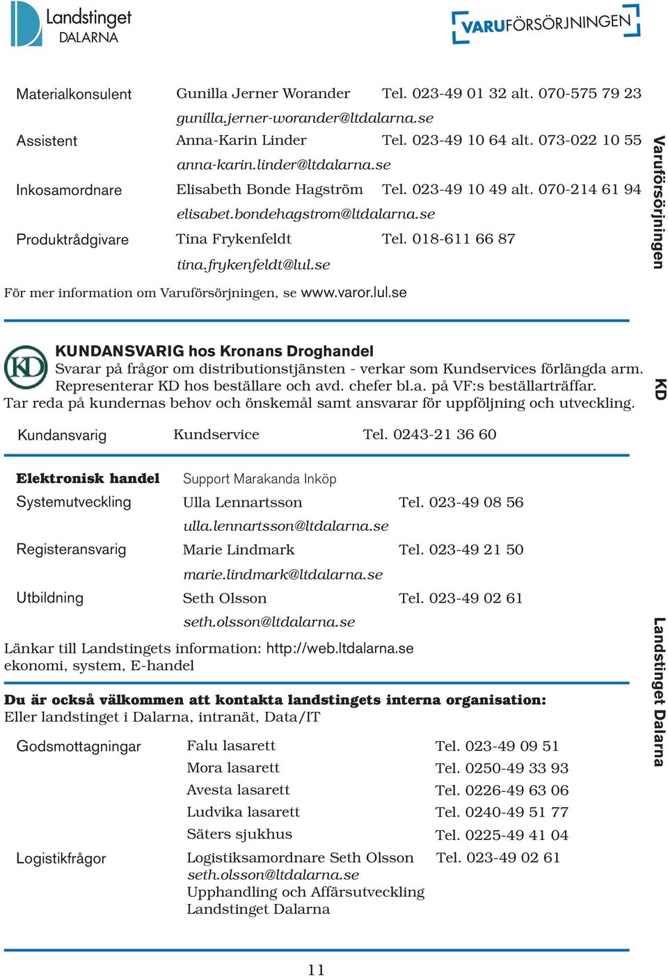 frykenfeldt@lul.se För mer information om Varuförsörjningen, se www.varor.lul.se KUNDANSVARIG hos Kronans Droghandel Svarar på frågor om distributionstjänsten - verkar som Kundservices förlängda arm.