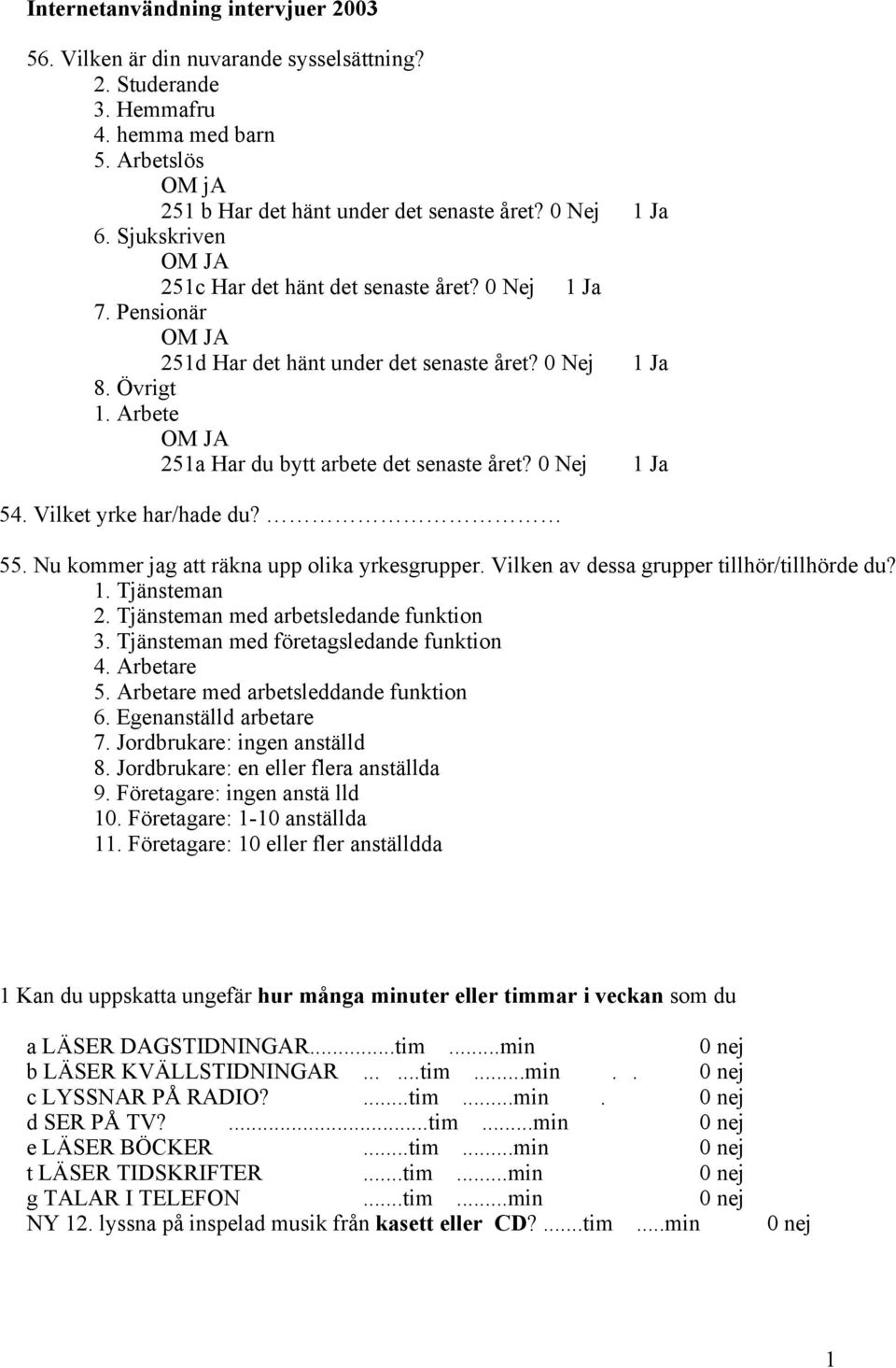 0 Nej 54. Vilket yrke har/hade du? 55. Nu kommer jag att räkna upp olika yrkesgrupper. Vilken av dessa grupper tillhör/tillhörde du? 1. Tjänsteman 2. Tjänsteman med arbetsledande funktion 3.