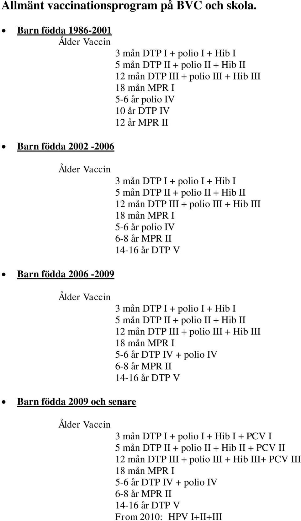 polio IV 10 år DTP IV 12 år MPR II 5-6 år polio IV 5-6 år DTP IV + polio