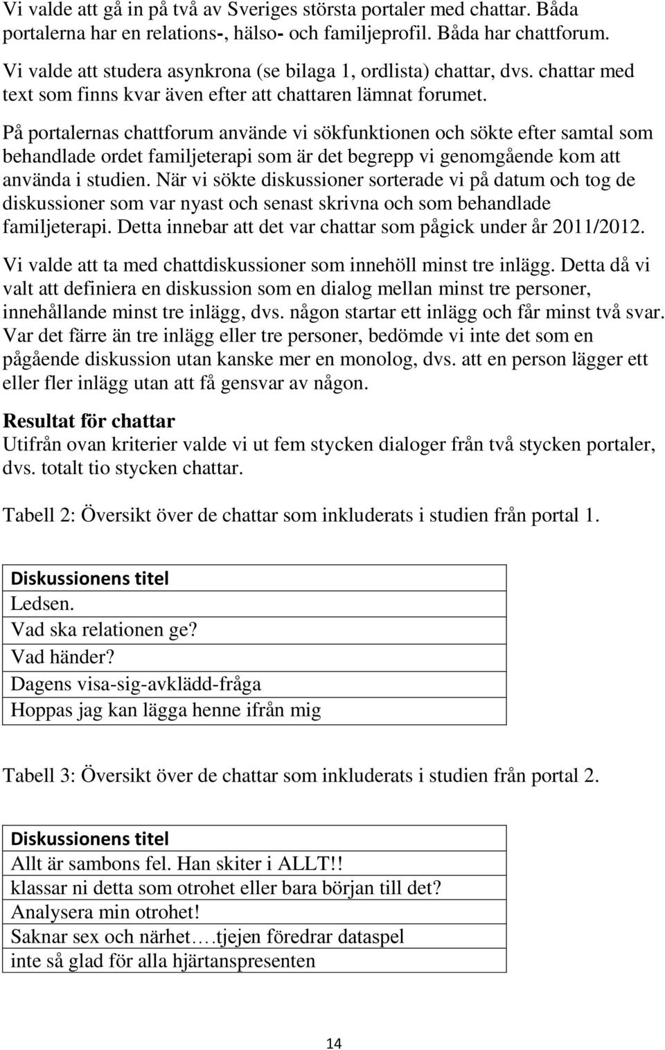 På portalernas chattforum använde vi sökfunktionen och sökte efter samtal som behandlade ordet familjeterapi som är det begrepp vi genomgående kom att använda i studien.