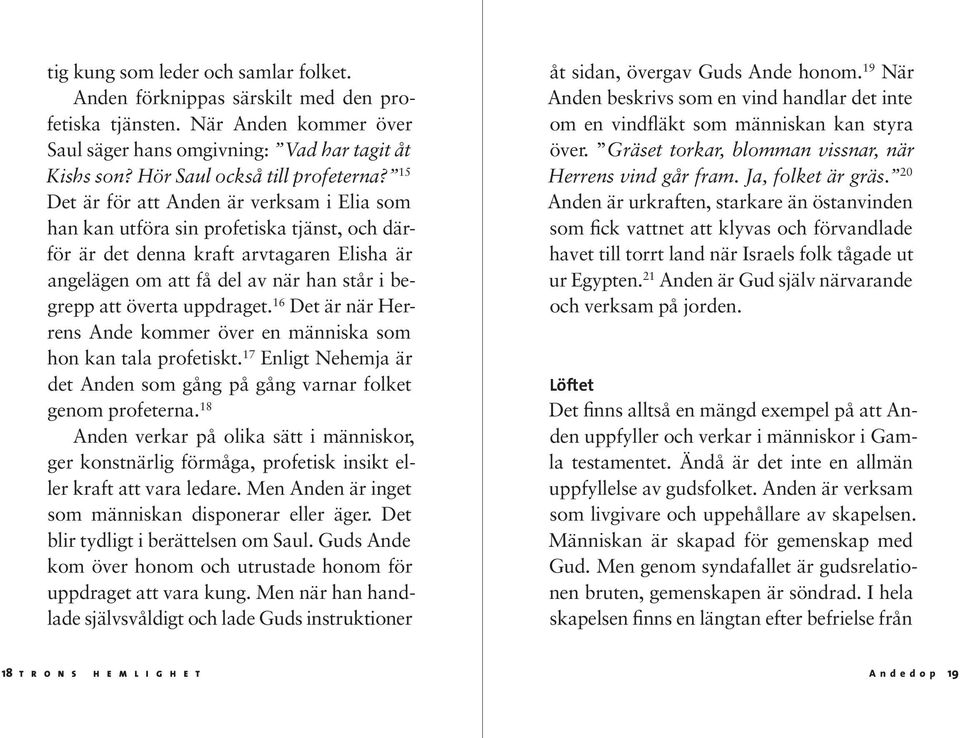 15 Det är för att Anden är verksam i Elia som han kan utföra sin profetiska tjänst, och därför är det denna kraft arvtagaren Elisha är angelägen om att få del av när han står i begrepp att överta