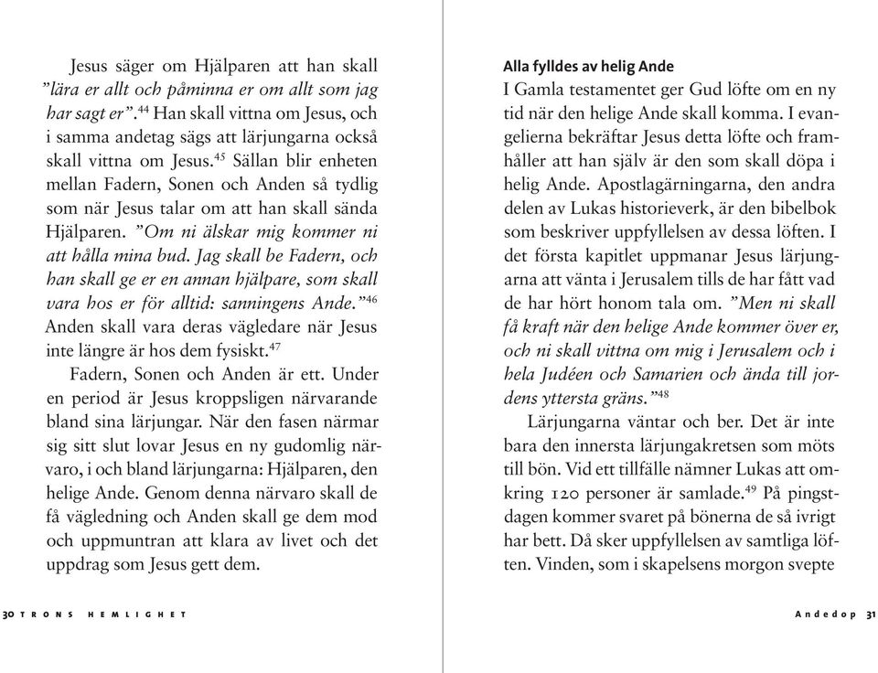 Jag skall be Fadern, och han skall ge er en annan hjälpare, som skall vara hos er för alltid: sanningens Ande. 46 Anden skall vara deras vägledare när Jesus inte längre är hos dem fysiskt.