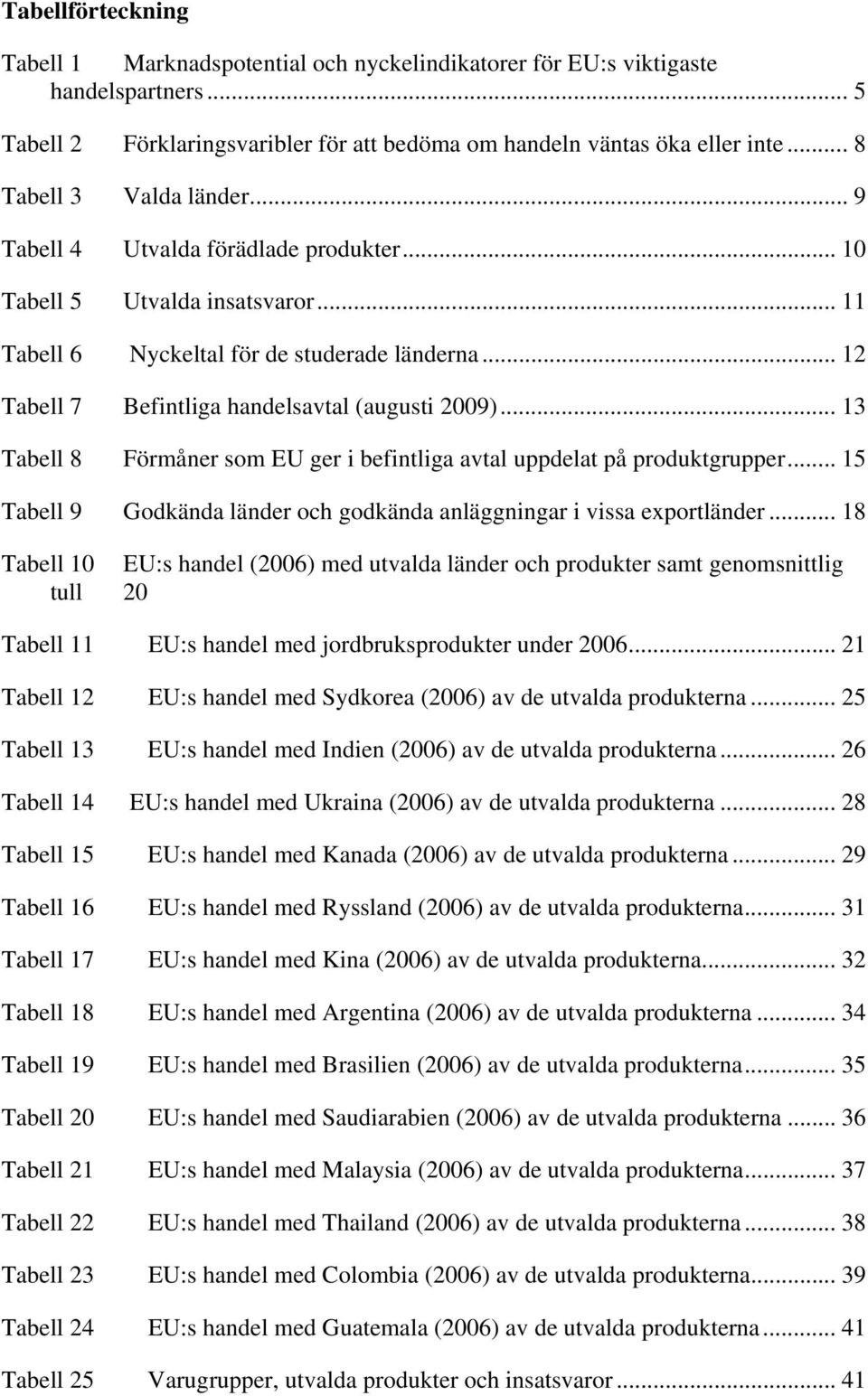 .. 12 Tabell 7 Befintliga handelsavtal (augusti 2009)... 13 Tabell 8 Förmåner som EU ger i befintliga avtal uppdelat på produktgrupper.