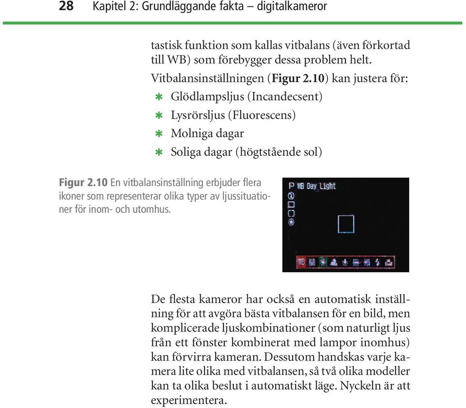 10 En vitbalansinställning erbjuder flera ikoner som representerar olika typer av ljussituationer för inom- och utomhus.