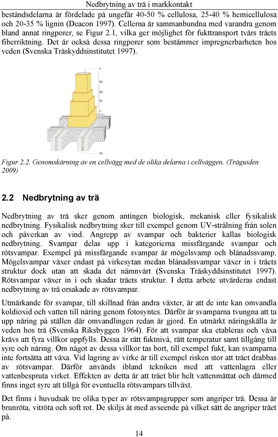 2. Genomskärning av en cellvägg med de olika delarna i cellväggen. (Träguiden 2009) 2.2 Nedbrytning av trä Nedbrytning av trä sker genom antingen biologisk, mekanisk eller fysikalisk nedbrytning.