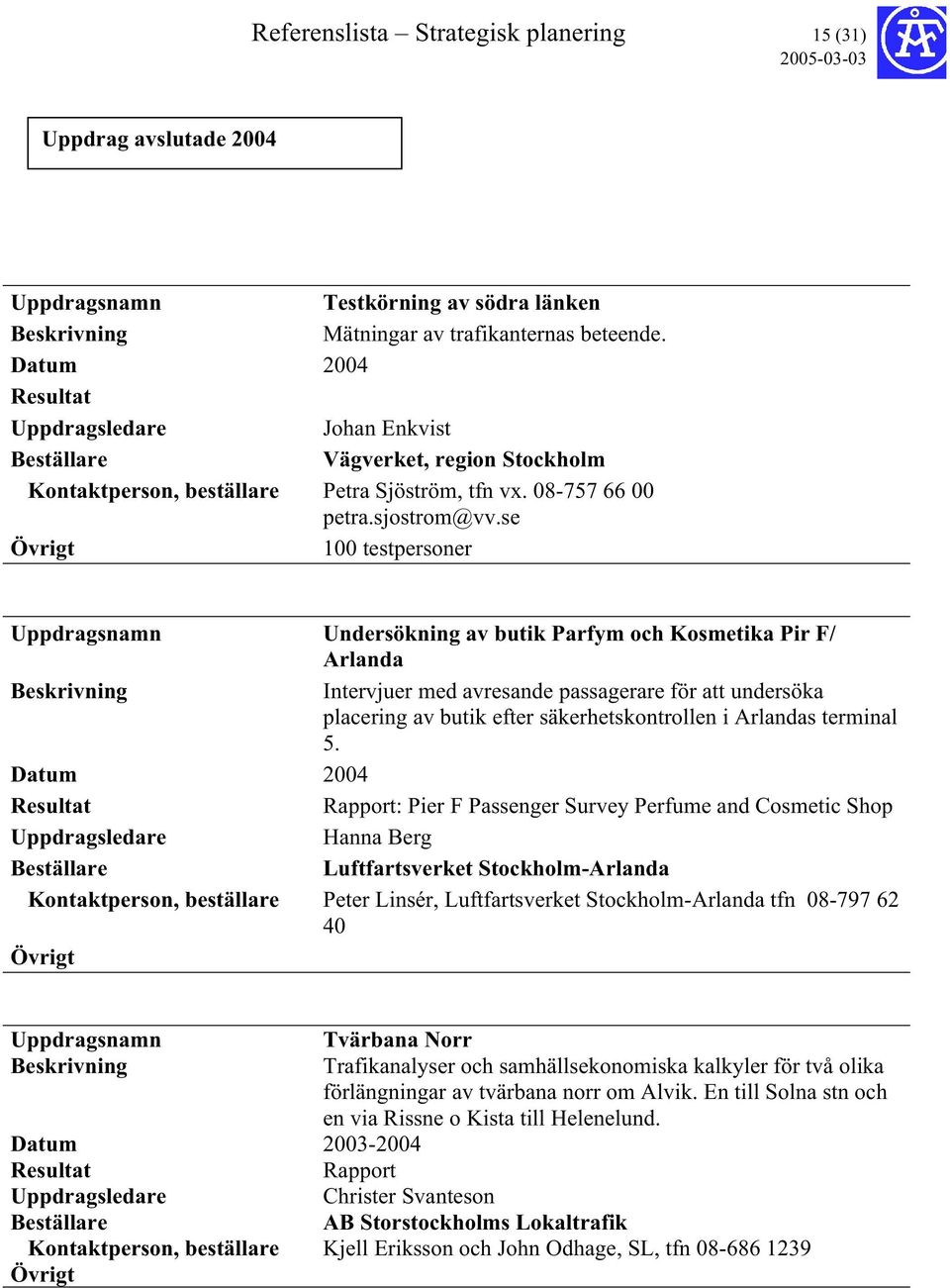 se 100 testpersoner Undersökning av butik Parfym och Kosmetika Pir F/ Arlanda Intervjuer med avresande passagerare för att undersöka placering av butik efter säkerhetskontrollen i Arlandas terminal 5.