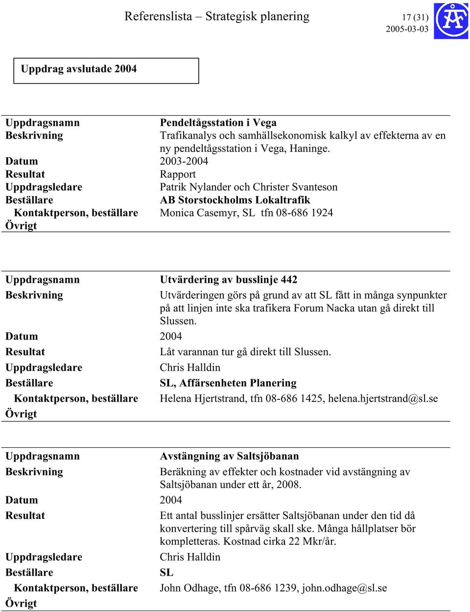 Datum 2003-2004 Rapport Patrik Nylander och Kontaktperson, beställare Monica Casemyr, SL tfn 08-686 1924 Utvärdering av busslinje 442 Utvärderingen görs på grund av att SL fått in många synpunkter på